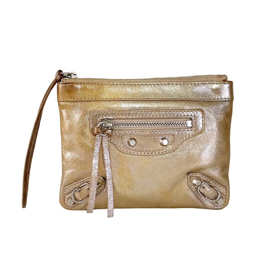 Balenciaga gold distressed metallic leather city pouch bag mini